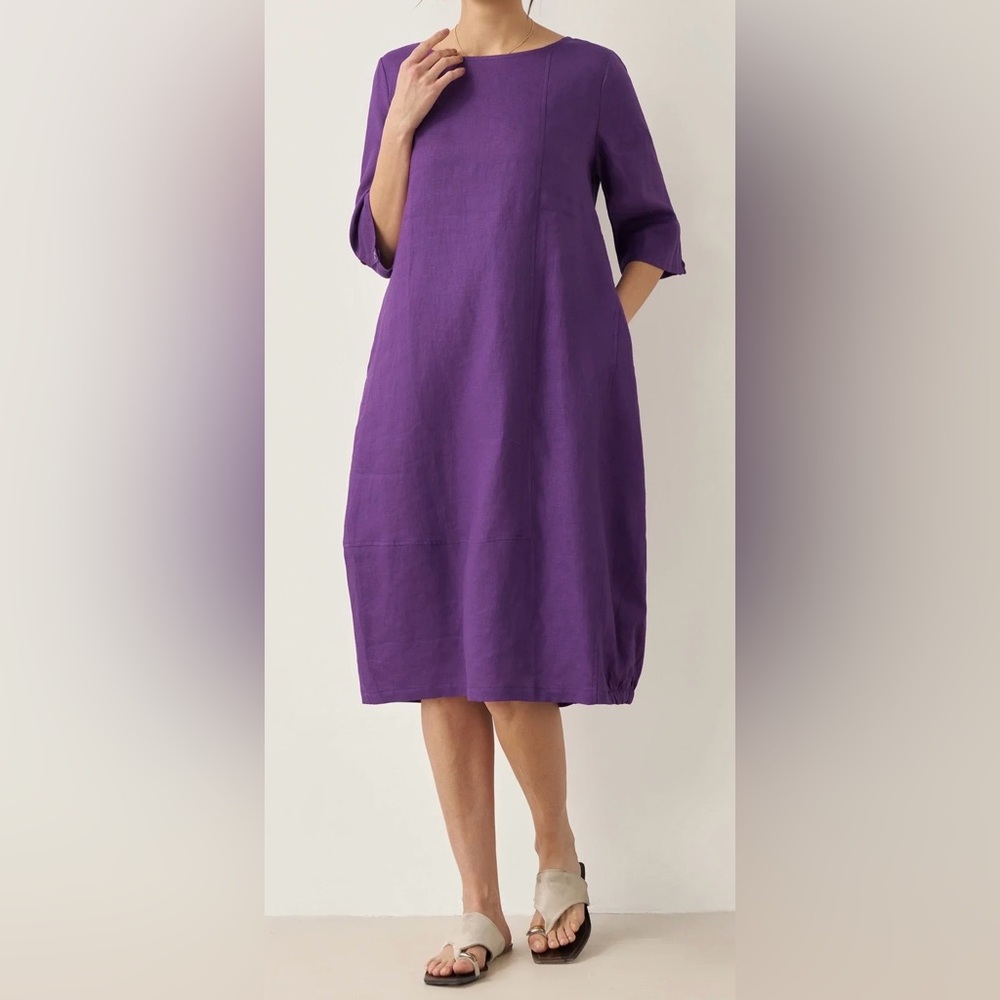 LINTICO NWT 100% Linen Collarless Chic Purple Midi Dress Sofia Dark Purple